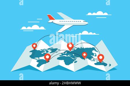 Weltkarte mit Zeigern und fliegendem Flugzeug. Reise-, Urlaubskonzept. Vektorgrafik im flachen Stil Stock Vektor
