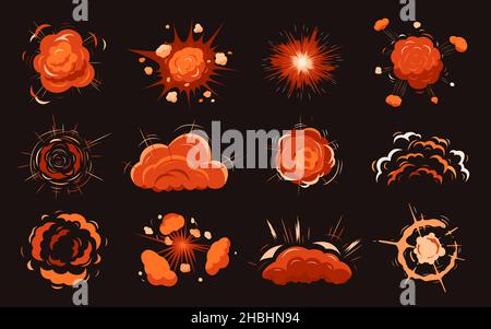 Cartoon-Brandexplosion. Kriegsbombe, Blast-Effekte-Spiele. Dynamitexplosionen, leuchtend rote Wolken. Comic-Stil Elemente, großen Boom und Rauch jüngsten Vektor Stock Vektor