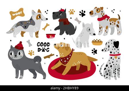 Niedliche Cartoon-Hunde. Verschiedene Tierrassen, lustige Tierfiguren, fröhlicher Bullterrier, Corgi, labrador und dalmatiner mit Accessoires Kragen kindisch Stock Vektor
