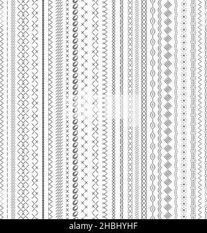 Nähte. Stickstreifen, geometrisch gestickte Linien. Nähen Sie Nähte oder Nähte, nahtlose Stoffränder. Isolierte dekorative Kreuz bestickt, jetzt Stock Vektor