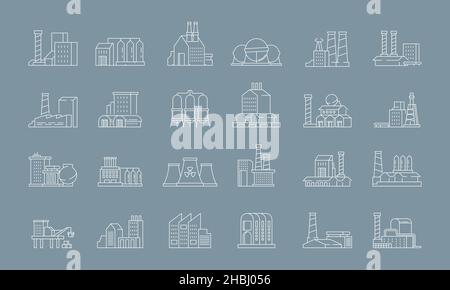 Werkseitige Symbole. Industriegebäude Fabriklager Moderne Lagerhäuser grellen Vektorlinien-Symbole Stock Vektor