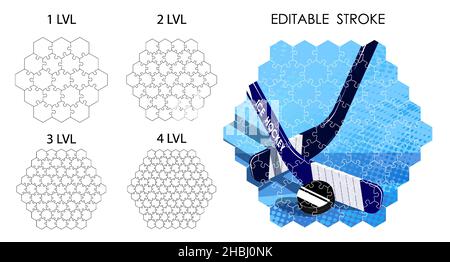 Vorlage von Rätseln verschiedener Schwierigkeitsgrade für das Überlappung des Bildes. Bearbeitbares Konturgewicht. Kinder pädagogische Spiele. Schwarz-Weiß-Vektor Stock Vektor