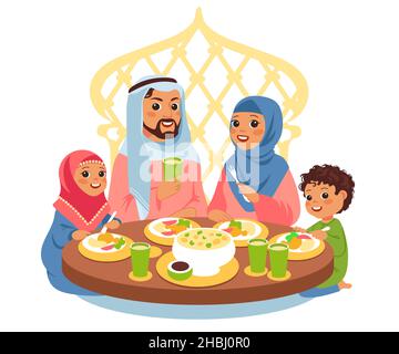 Muslimische Familie beim Abendessen. Traditionelles arabisches Essen. Vater, Mutter und Kinder in nationaler Kleidung sitzen am Tisch, feierliche Bedienung. Islamische Kultur Stock Vektor