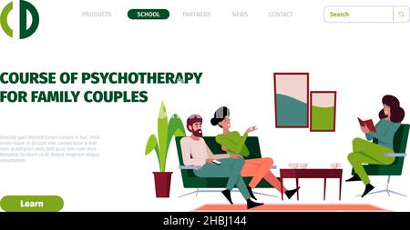 Psychotherapie Beratung Landung. Personen im Gespräch mit Psychologen Arzt auf Stuhl und Sofa sitzen grellen Vektor-Web-Seite Vorlage Stock Vektor
