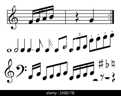 Musik notiert Silhouetten. Höhen- und Bassschlüssel, musikalische Lineale, grafische Stückschreibung, Klang klassische Melodiekunst, schwarze Zeichen und Symbole, Bildung Stock Vektor