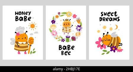 Niedliche Honigbienen-Karten. Lustige kleine Insekten-Charaktere, schöne Blumen, Kinder-Cartoon-Poster mit Koch, Kinder liebenswert Doodle Prinzessin und Schläfer Stock Vektor