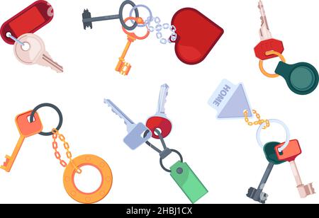Schlüsselanhänger für Schlüssel. Eigentum Schutzschloss mit farbigen Schlüsselanhänger in verschiedenen Formen grellen Vektor flache Bilder Sammlung Set Stock Vektor
