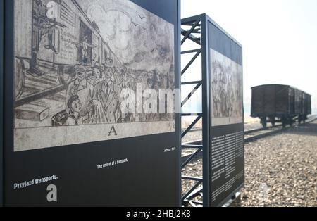 Oswiecim, Polen. 20th Dez 2021. Die Zeichnungen zeigen die Ankunft eines Transports von Gefangenen. Die Zeichnungen eines unbekannten Autors wurden im Lager Birkenau angefertigt und in einer Flasche versteckt. Sie wurden im Jahr 1947 gefunden. Judenrampe - Bahnrampe und Güterwagen. Es wurde zum Entladen von Eisenbahnwaggons (meist Fracht) verwendet, in denen deutsche Nazis Transporte von Gefangenen - hauptsächlich Juden - aus dem besetzten Europa transportierten. Das ehemalige Nazi-deutsche Konzentrations- und Vernichtungslager Auschwitz II Birkeanu in Oswiecim einen Monat vor dem 77th. Jahrestag der Befreiung. Die größte deutsche Nazi-Konzentration und Exter Stockfoto