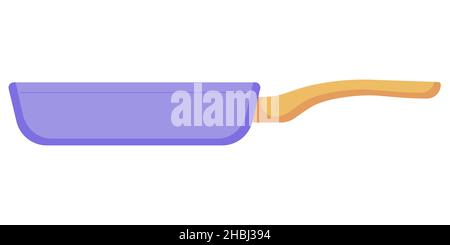 Violette Bratpfanne mit gelbem Griff zum Kochen und Braten in flacher, auf weißem Hintergrund isolierter Form. Vektorgrafik Stock Vektor