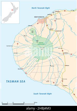 Straßenkarte der Taranaki-Halbinsel, Neuseeland Stock Vektor