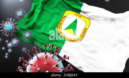 Cuiaba und covid Pandemie - Virus greift eine Stadtflagge von Cuiaba als Symbol für einen Kampf und Kampf mit der Virus-Pandemie in dieser Stadt, 3D illustrr Stockfoto