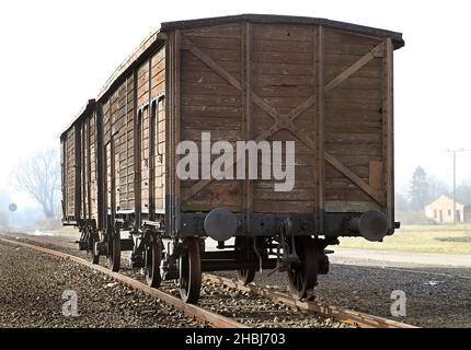 Oswiecim, Polen. 20th Dez 2021. Judenrampe - Bahnrampe und Güterwagen. Es wurde zum Entladen von Eisenbahnwaggons (meist Fracht) verwendet, in denen deutsche Nazis Transporte von Gefangenen - hauptsächlich Juden - aus dem besetzten Europa transportierten. Das ehemalige Nazi-deutsche Konzentrations- und Vernichtungslager Auschwitz II Birkeanu in Oswiecim einen Monat vor dem 77th. Jahrestag der Befreiung. Das größte deutsche Konzentrationslager Auschwitz-Birkenau wurde am 27. Januar 1945 von der Roten Armee befreit. (Bild: © Damian Klamka/ZUMA Press Wire) Stockfoto