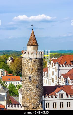 Oberer Abschnitt des Wendischen Turms, Teil des historischen Stadttores und der Befestigungsanlage im Nordosten der Altstadt von Bautzen, Sachsen, Deutschland. Stockfoto