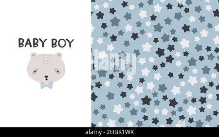 Niedliche nahtlose Muster und Schriftzüge - Baby boy. Kreativer Kinderdruck für Stoff, Verpackung, Textil, Tapete, Bekleidung. Vektorgrafik Stock Vektor