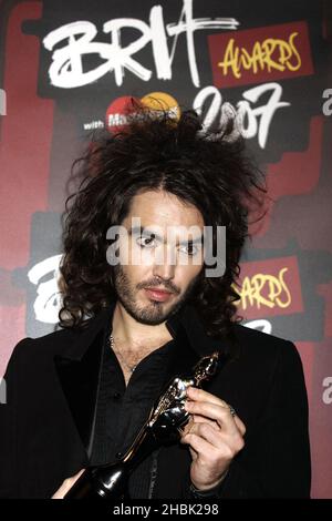 Russell Brand kommt auf die Brit Awards 2007 Launch Party im Hammersmith Palais im Westen Londons, 16. Januar 2007. Unterhaltung Stockfoto