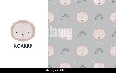 Cute seamless patterns and lettering - roar. Lion face. Creative childish print for fabric, wrapping, textile, wallpaper, apparel. Vector cartoon Stock Vektor