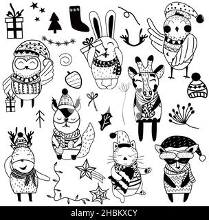 Schwarz und weiß Niedliche Weihnachtstiere, Waschbär, Eule, Kaninchen, Katze, Giraffe und weihnachtliche Elemente. Gemütliches Zeichentrickset. Kinderzimmer Kunst. Skandinavischer Stil. Vektorgrafik Stock Vektor