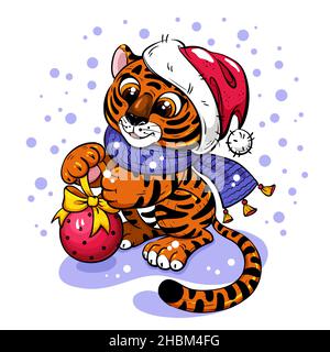 Niedliches Neujahr Charakter Tiger Cub in Santa hat Stock Vektor