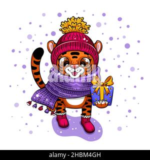 Cut Cartoon Tiger in warmen Hut trägt Geschenk Stock Vektor