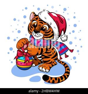 Cartoon Tiger in Weihnachtsmütze mit Weihnachtskugel Stock Vektor