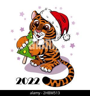 Urlaub Cartoon Tiger Cub in Santa Hut mit Süßigkeiten Stock Vektor