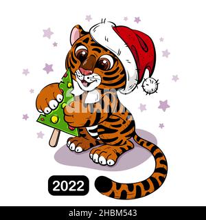 Urlaub Cartoon Tiger in Santa hat mit Süßigkeiten Stock Vektor
