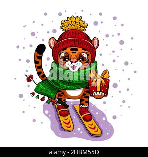 Cut Cartoon Tiger in gestrickten Hut ist Skifahren Stock Vektor