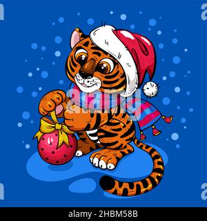 Weihnachtskarte mit Cut Cartoon Tiger in Weihnachtsmütze Stock Vektor