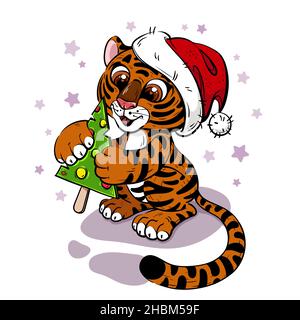 Cartoon Tiger in Weihnachtsmütze mit Weihnachtsbaum Stock Vektor