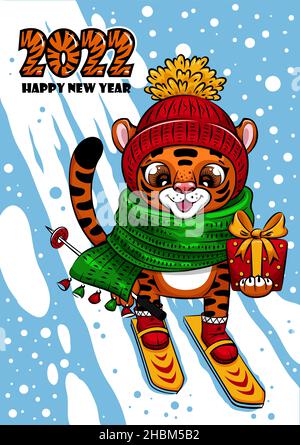 Weihnachtskarte mit Cut Cartoon Tiger in Weihnachtsmütze Stock Vektor