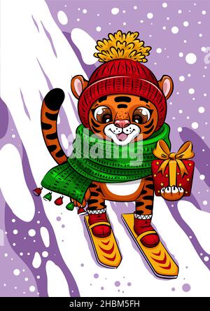Weihnachtskarte mit Cut Cartoon Tiger ist Skifahren Stock Vektor
