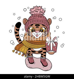 Cartoon Tiger in Strickmütze und Schal mit Geschenk Stock Vektor