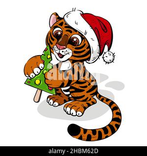 Cartoon Tiger Cub in Weihnachtsmütze mit Weihnachtsbaum Stock Vektor