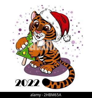 Holiday Cartoon Tiger Cub hält Lollipop Stock Vektor
