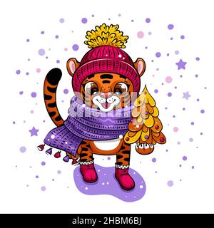 Weihnachten Illustration mit Schnitt Cartoon Tiger r Stock Vektor