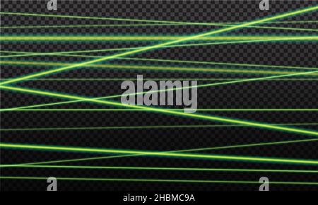 Grüner Laserstrahl. Laserstrahlen, grüner Lichteffekt auf transparentem schwarzem Hintergrund. Stock Vektor