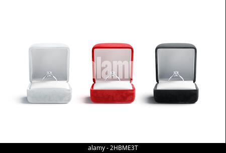 Leere schwarze, rote, weiße Schachtel mit silbernem Diamantring-Modell Stockfoto