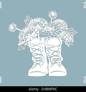 Dahlien in Stiefeln. Schablone für Laserschneiden und Plotter. Blumen, Blätter zur Dekoration. Vektorgrafik. Sticker Blumen. Plotter und Bildschirm pri Stock Vektor