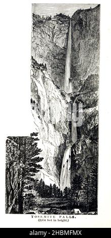 Yosemite Falls (2.634 Fuß in Höhe) 1880 aus dem Buch "Entdeckung des Yosemite, und der indische Krieg von 1851, die zu diesem Ereignis geführt ' von Lafayette Houghton Bunnell, 1824-1903 Veröffentlicht New York, Chicago, F.H. Revell Company 1892. Lafayette Houghton Bunnell (1824-1903) war Mitglied des Mariposa Bataillons, das 1851 zu den weißen Entdeckern des Yosemite Valley wurde, als sie auf der Suche nach indianischen Stammesführern, die an den jüngsten Razzien auf amerikanische Siedlungen beteiligt waren, ausritten. Dr. Bunnell diente später als Chirurg im Bürgerkrieg. Entdeckung des Yosemite und des Indianenkrieges von 185 Stockfoto