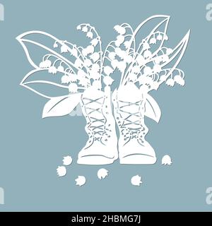 Maiglöckchen in Stiefeln. Schablone für Laserschneiden und Plotter. Blumen, Blätter zur Dekoration. Vektorgrafik. Sticker Blumen. Plotter A Stock Vektor