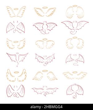 Engel Skizze Flügel Set Vektor. Marker handgezeichnete Stil der heiligen Kreationen. Flügel, Vogelfedern, Schwan, Adler. Fledermaus, Vampir Silhouette Kollektion in li Stock Vektor