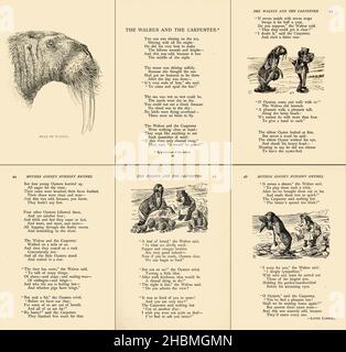 „The Walrus and the Carpenter“ ist ein erzählerisches Gedicht von Lewis Carroll, das in seinem Buch Through the Looking-Glass, das im Dezember 1871 veröffentlicht wurde, erschienen ist. Das Gedicht wird in Kapitel vier von Tweedledum und Tweedledee an Alice rezitiert. Das Gedicht besteht aus 18 Strophen und enthält 108 Zeilen, in einem Wechsel von iambischen Tetrametern und iambischen Trimetern. Das Reimschema ist ABCBDB, mit maskulinen Reimen durchgehend. Das verwendete rhythmische und rhythmische Schema sowie einige Archaismen und syntaktische Wendungen sind die der traditionellen englischen Ballade. Stockfoto