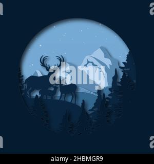 Rentiere, Hirsche im Wald mit blauem, natürlichem Hintergrund, Papierschichtkunst, Vektorgrafik, digitales Handwerk... Stock Vektor