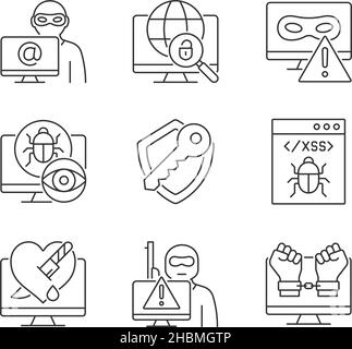 Cyber-Angriffe Typen lineare Symbole gesetzt Stock Vektor