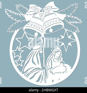 Geburt Christi. Jesuskind in der Krippe. Heilige Familie.Weihnachtsglocken. Fichtenzweige. Frohe Weihnachtskarte. Schablone für Laserschneiden und Plotter. Stock Vektor