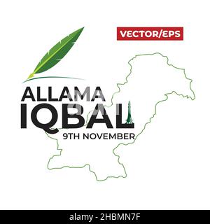 Happy Iqbal Day, 9th. November. Allama Muhammad Iqbal Logo-Design in englischer Typografie mit Pakistan-Karte Stock Vektor