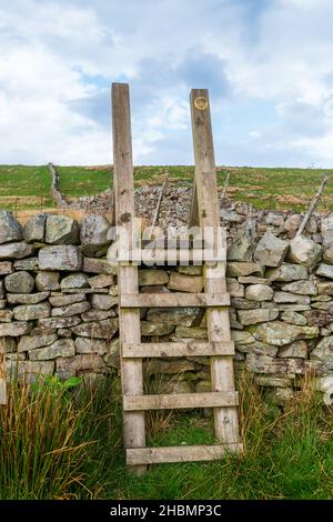 Eine Leiter führt über eine trockene Steinmauer in Wensleydale, Yorkshire Dales Stockfoto