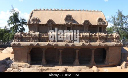 Dies sind „fünf rathas“, da sie den Prozessionswagen eines Tempels ähneln. Statuen in Stein gemeißelt. Dies ist eines der Merkmale in mehreren hinduistischen Schriften Stockfoto