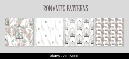 Eine Reihe von Mustern im Stil von Shabby Chic. Boho. Vögel in einem goldenen Käfig. Elegantes Nahtloses Muster für Textildesign, Wandtapete und Stoff de Stock Vektor