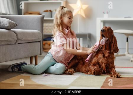 In voller Länge Porträt von niedlichen blonden Mädchen Bürsten Hund zu Hause, während auf dem Boden in gemütlichen Innenraum sitzen, kopieren Raum Stockfoto